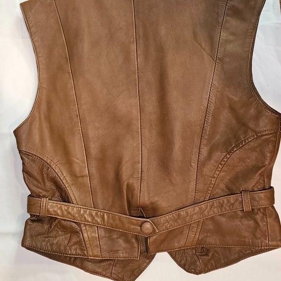 MNG Mango Distressed Leather Vest Medium Collared Single Button Multi Tone Tan - Picture 2 of 6